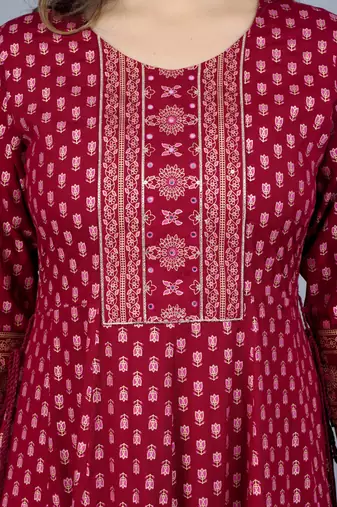 Maroon royan printed anarkali kurti