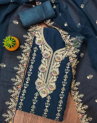 Women's teal blue georgette embroidered dress material with beautiful dupatta 1
