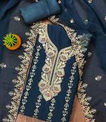Women's teal blue georgette embroidered dress material with beautiful dupatta