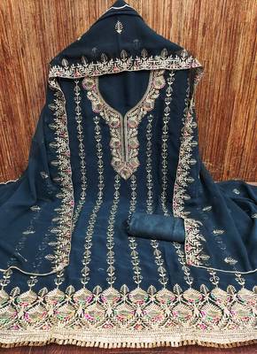 Women's teal blue georgette embroidered dress material with beautiful dupatta 4