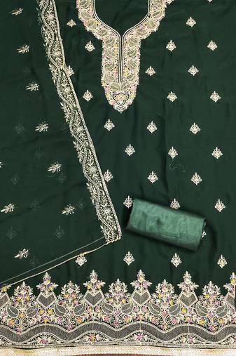 Green Georgette Embroidered Unstitched Dress Material with Fancy Dupatta