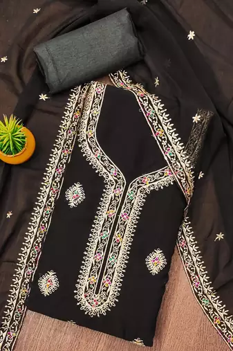 Black Georgette Embroidered Unstitched Dress Material with Elegant Dupatta