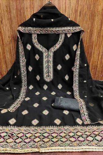 Black Georgette Embroidered Unstitched Dress Material with Elegant Dupatta