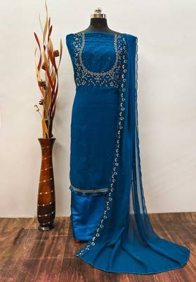Women's Blue Georgette Sequin Unstitched Dress Material with Dupatta 3