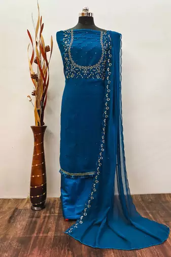 Women's Blue Georgette Sequin Unstitched Dress Material with Dupatta