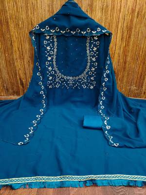Women's Blue Georgette Sequin Unstitched Dress Material with Dupatta 1