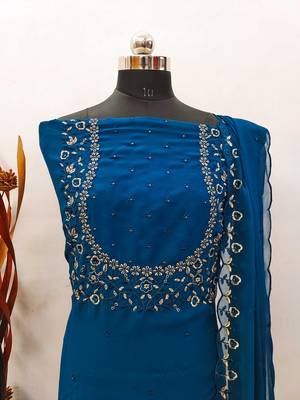 Women's Blue Georgette Sequin Unstitched Dress Material with Dupatta 4