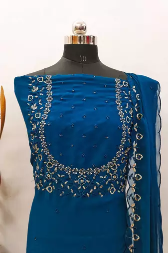 Women's Blue Georgette Sequin Unstitched Dress Material with Dupatta