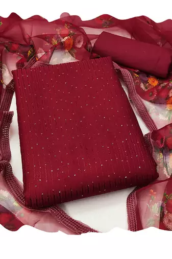 Maroon Gadwal Cotton Unstitched Dress Material with Sequin Work & Dupatta