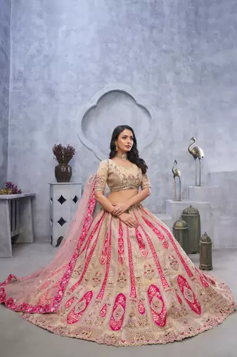 Organza Silk Intricate Paisley Motifs Traditional Embroidered Wedding Lehenga Choli With Soft Net Dupatta