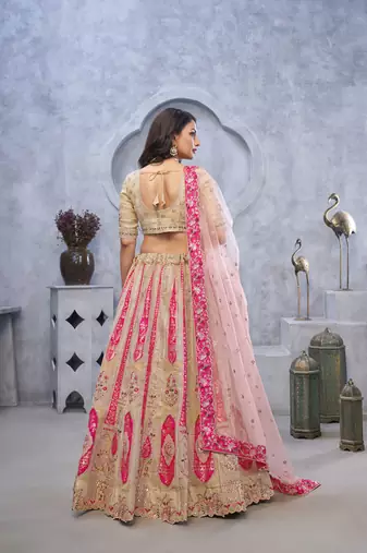 Organza Silk Intricate Paisley Motifs Traditional Embroidered Wedding Lehenga Choli With Soft Net Dupatta