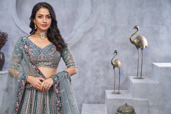 Organza Silk Intricate Paisley Motifs Traditional Embroidered Wedding Lehenga Choli With Soft Net Dupatta 4