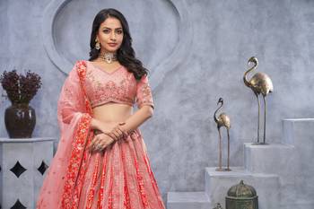 Organza Silk Intricate Paisley Motifs Traditional Embroidered Wedding Lehenga Choli With Soft Net Dupatta 2