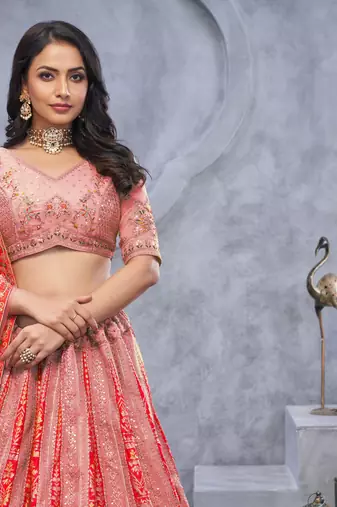 Organza Silk Intricate Paisley Motifs Traditional Embroidered Wedding Lehenga Choli With Soft Net Dupatta