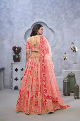 Organza Silk Intricate Paisley Motifs Traditional Embroidered Wedding Lehenga Choli With Soft Net Dupatta
