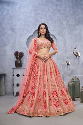Organza Silk Intricate Paisley Motifs Traditional Embroidered Wedding Lehenga Choli With Soft Net Dupatta 1