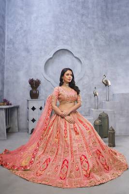 Organza Silk Intricate Paisley Motifs Traditional Embroidered Wedding Lehenga Choli With Soft Net Dupatta 4