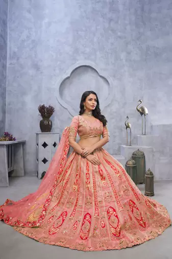 Organza Silk Intricate Paisley Motifs Traditional Embroidered Wedding Lehenga Choli With Soft Net Dupatta