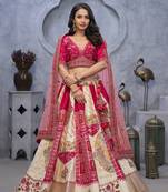 Regal Elegance: The Red and White Raw Silk Masterpiece Lehenga with Paisley Motifs and Sheer Pink Dupatta