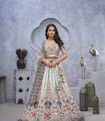 Stunning sky blue Lehenga with Zari Paisley Embroidery, Silk Patches, and Regal Peacock Motifs