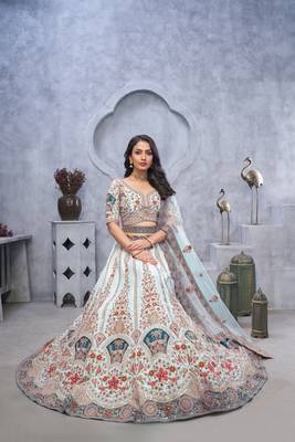 Stunning sky blue Lehenga with Zari Paisley Embroidery, Silk Patches, and Regal Peacock Motifs 2