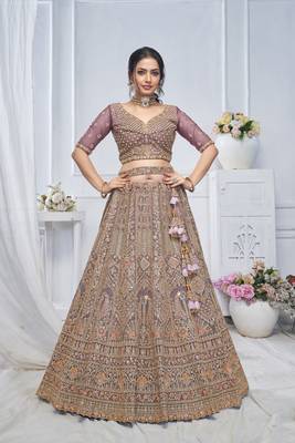 Royal Grandeur bridal  Purple Soft Net Lehenga with Paisley and Peacock Motifs & Heavy Embroidery 1