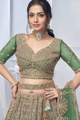 Green Net Threadwork and Sequins Embroidered Lehenga 2