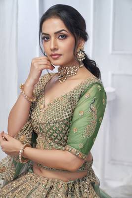 Green Net Threadwork and Sequins Embroidered Lehenga 3