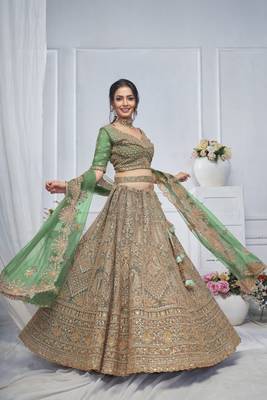 Green Net Threadwork and Sequins Embroidered Lehenga 1
