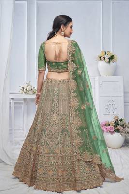 Green Net Threadwork and Sequins Embroidered Lehenga 4