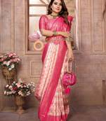 Cream banarasi chaturi silk blend with weaving saree with blouse