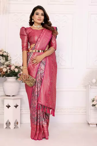 Peach banarasi chaturi silk with weaving saree with blouse
