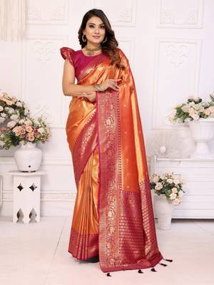 Orange tissue silk blend with butti weaving saree with blouse 1
