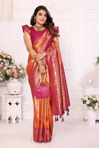 Orange tissue silk blend with butti weaving saree with blouse