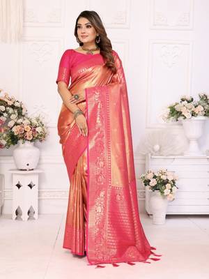 Light orange tissue silk blend with butti weaving saree with blouse 1