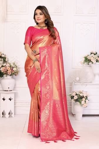 Light orange tissue silk with butti weaving saree with blouse