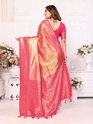 Light orange tissue silk blend with butti weaving saree with blouse 3