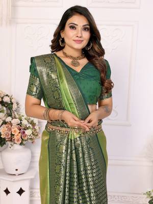 Light green tissue silk blend with butti weaving saree with blouse 4