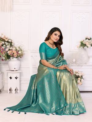 Blue tissue silk blend with butti weaving saree with blouse 2