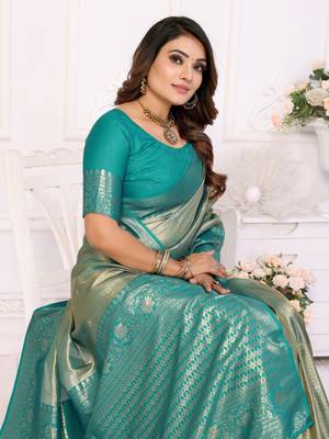 Blue tissue silk blend with butti weaving saree with blouse 4
