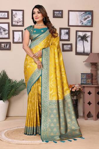 Yellow tissue silk with jaal  weaving saree with blouse