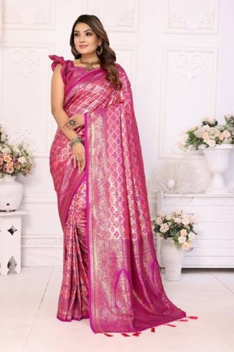 Pink banarasi chaturi silk with weaving saree with blouse