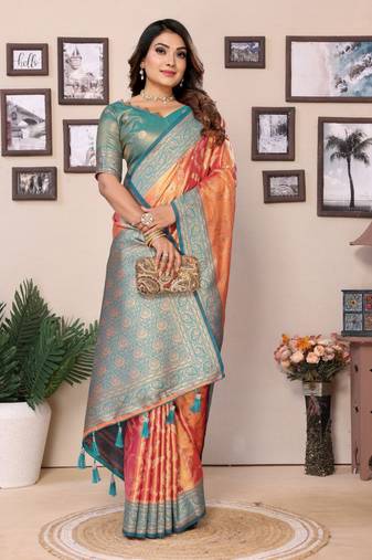 Orange tissue silk with jaal  weaving saree with blouse