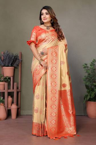 Orange viscose silk with butties weaving saree with blouse