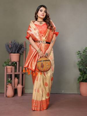 Orange viscose silk blend with butties weaving saree with blouse 2
