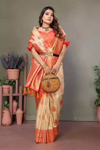 Orange viscose silk blend with butties weaving saree with blouse