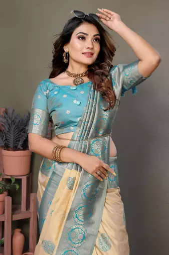 Light blue viscose silk blend with butties weaving saree with blouse