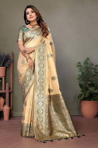 Dark green viscose silk with butties weaving saree with blouse