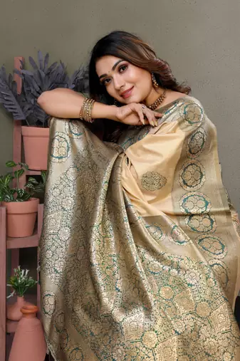 Dark green viscose silk blend with butties weaving saree with blouse
