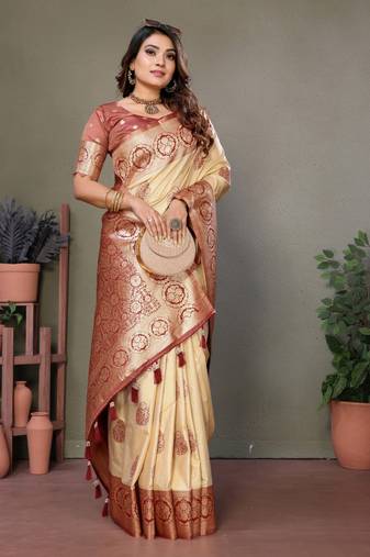 Brown viscose silk with butties weaving saree with blouse